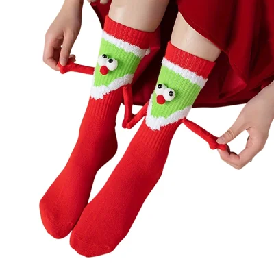 Christmas Elf Pattern Socks Fun Cute Hand-Holding Mid-Calf Socks Comfortable Breathable