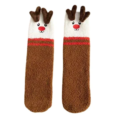 1 Pair Winter Thick Coral Fleece Christmas Socks Moisture Wicking Mid Calf Floor Socks - Elk