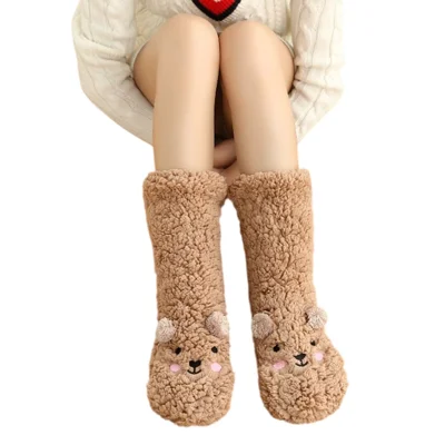 Cute Bear Fleece-Lined Sleeping Socks Cartoon Design Winter Thick Warm Floor Socks - Brown
