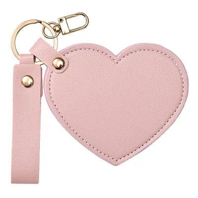 Heart Shape Pocket Mirror with Keychain PU Leather Cosmetic Mirror Rotating Mini Makeup Mirror Hanging Ornament - Pink