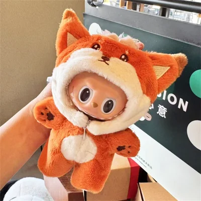 For Labubu Gen 1 / 2 / 3 17cm Mini Figurine Cute Cartoon Animal Theme Plush Jumpsuit Doll Outfit Gift - Fox