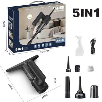 5 in 1 Handheld Vacuum Cleaner for Car and Home 5000Pa Powerful Suction Portable Cordless Dust Blower - Black