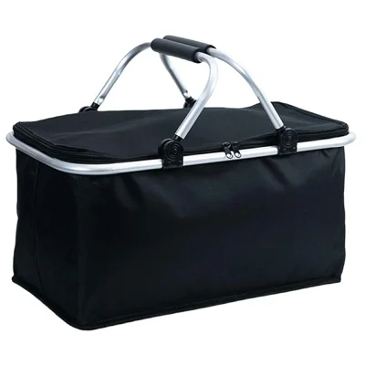 Foldable Outdoor Picnic Cooler Basket 30L Oxford Cloth Insulated Tote Lunch Bag for Camping Fishing Beach - Black