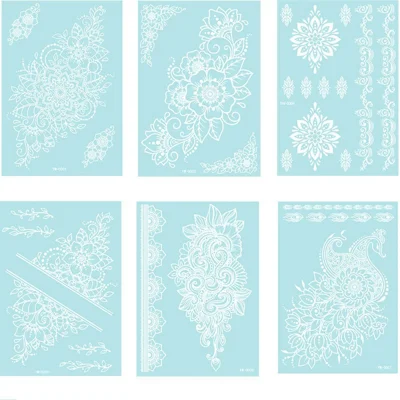 6 Peças / Conjunto de Tatuagens de Renda Indiana Luminosa Henna Adesivos de Tatuagem Temporária de Transferência de Água para Arte Corporal - YW-A