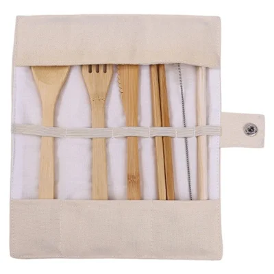 Eco-Friendly Bamboe Reisbestek Set, Draagbaar Bamboe Bestek Set met Mes, Vork, Lepel, Stokjes (BPA-vrij, FDA-gecertificeerd) - Lichtgele Tas