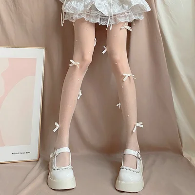 Samt-Schleifen-Strümpfe Sommer Japanischer Stil Transparente Strumpfhosen mit Perlenakzenten für Frauen - Weiß+Weiß
