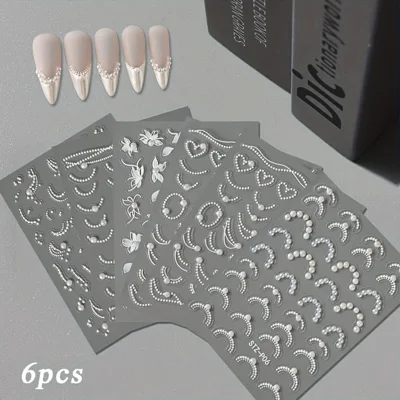 STZ-P-01~STZ-P-06 Embossed Nail Art Stickers 6 Sheets 3D Pearl Nail Decorations for Manicure / Pedicure Gift