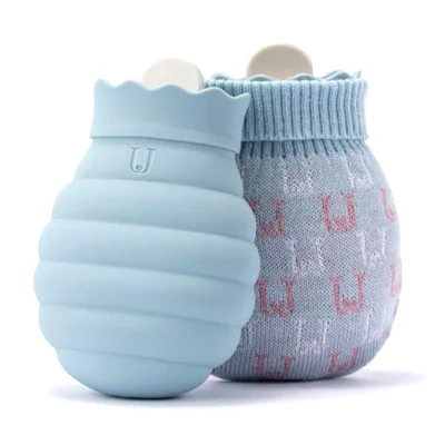 JORDAN&JUDY Size S 313ml Leak Proof Silicone Hot Water Bottle Anti Scalding Hand Warmer with Knitted Cover - Blue