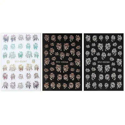 FULL BEAUTY 3 Hojas de Pegatinas de Uñas con Diseño de Fuegos Artificiales de Año Nuevo, Adornos de Uñas con Brillo, Decoraciones para Manicura