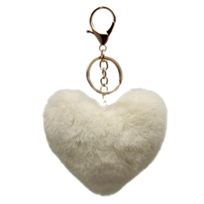 Plush Heart Shaped Hanging Ornament Keychain Car Rearview Mirror Decoration Handbag Charm - White