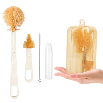 Portable Baby Bottle Cleaning Brush Set Silicone Nipple Brush with Storage Case and Dispensing Bottle - White