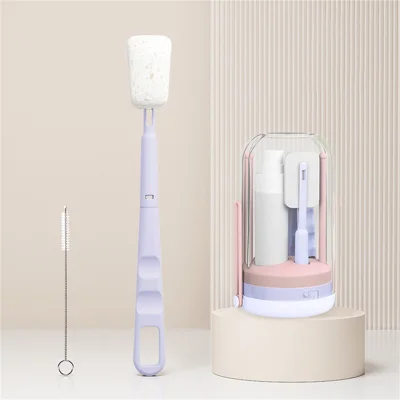7Pcs / Set Wood Pulp Cotton Baby Bottle Cleaning Brush Kit Newborn Nipple Brush with Storage Box Dispensing Bottle - Purple