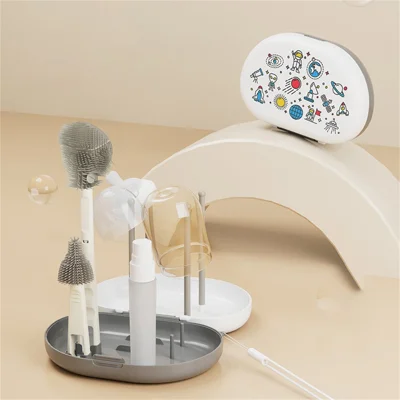 6Pcs / Set TPE Baby Bottle Cleaning Brush Travel Kit with Drying Rack for Infant Bottles / Nipples / Cups
