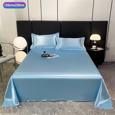 Conjunto de Roupa de Cama de Seda Lavável de Verão 3 Peças com Lençol 120 x 230 cm / 2 Fronhas para Quarto - Azul Céu