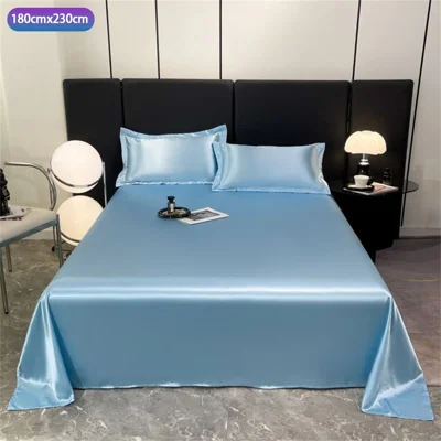 Conjunto de Roupa de Cama de Seda Lavável de Verão 3 Peças com Lençol 180 x 230 cm / 2 Fronhas para Quarto - Azul Céu