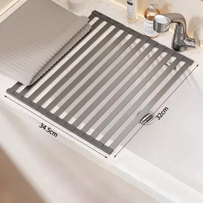 32 x 34.5cm Over Sink Dish Drying Rack Foldable Drainer Shelf Space Aluminum Roll Up Mat Kitchen Organizer - Grey