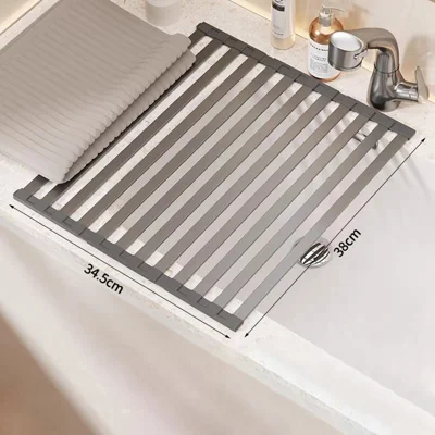 38 x 34.5cm Over Sink Dish Drying Rack Foldable Drainer Shelf Space Aluminum Roll Up Mat Kitchen Organizer - Grey