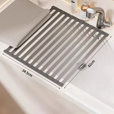 42 x 34.5cm Over Sink Dish Drying Rack Foldable Drainer Shelf Space Aluminum Roll Up Mat Kitchen Organizer - Grey
