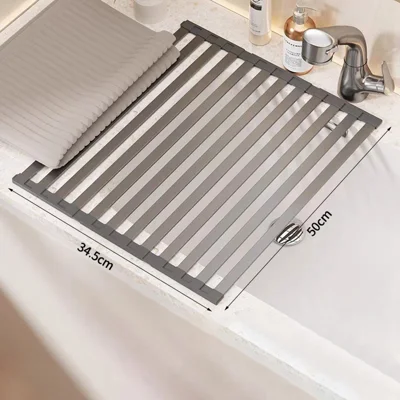 50 x 34.5cm Over Sink Dish Drying Rack Foldable Drainer Shelf Space Aluminum Roll Up Mat Kitchen Organizer - Grey
