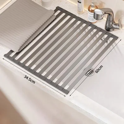 60 x 34.5cm Over Sink Dish Drying Rack Foldable Drainer Shelf Space Aluminum Roll Up Mat Kitchen Organizer - Grey