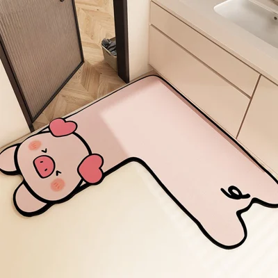 90 x 90 x 40 cm L-förmige Eckbadematte mit Cartoon-Tiermuster, rutschfeste, saugfähige Fußmatte - Schwein / Links
