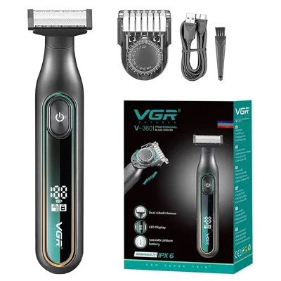 Rasoir Électrique VGR V-360, Étanche IPX6, Rasoir Rechargeable par USB avec Affichage LED pour Homme - Vert