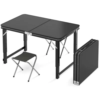 Mesa plegable al aire libre de 100 x 50 cm con 2 taburetes plegables, mesa rectangular para camping y picnic con altura ajustable - Negro