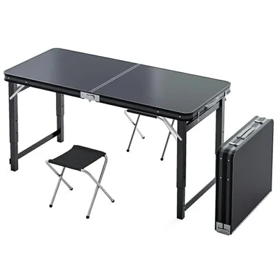 Mesa de camping de 120 x 60 cm con 2 taburetes, mesa plegable portátil ajustable en altura para exteriores - Negro