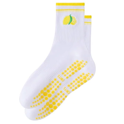 Lemon Embroidery Women Mid Calf Grip Socks Anti Slip Yoga Socks for Pilates Dance Fitness Sports - Flat Cuff