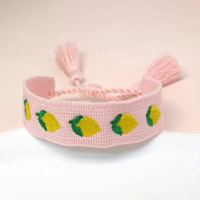 Bohemia Woven Bracelet Embroidered Lemon Pattern Wristband with Tassel Decor for Women - Pink