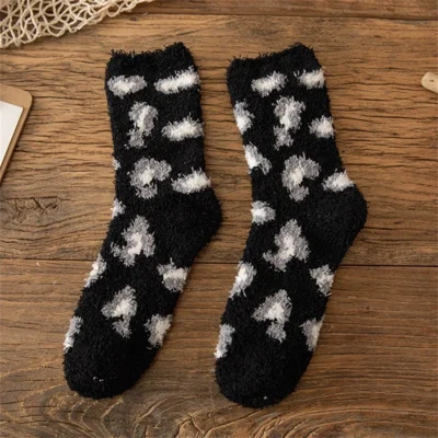 1 Par de Calcetines de Coral Felpa con Estampado de Leopardo, Calcetines Elásticos hasta la Pantorrilla, Invierno, Gruesos, Calientes - Negro