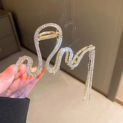 Luxury Rhinestone Serpentine Hair Claw for Women Large S-Shape Tassel Chain Hair Clip Hair Accessory - Gold