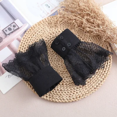 2 Pezzi/Confezione Polsini in Pizzo Rimovibili, Maniche Finte Staccabili, Estensioni per Camicia, Accessori Decorativi - Nero
