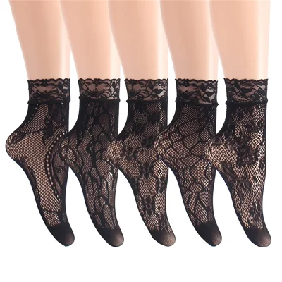 5 Pares de Calcetines Cortos Sexys de Encaje de Malla para Mujer, Medias Finas y Transpirables Ultra Delgadas - Estilo A