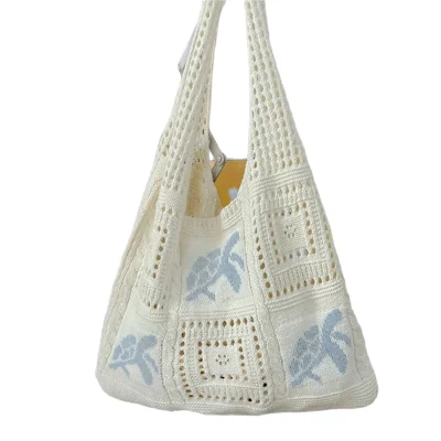 Bolsa de Malha Aberta com Estampa de Tartaruga, Bolsa de Ombro de Malha Tricotada à Mão, Bolsa para Compras e Praia para Mulheres - Azul Bebé