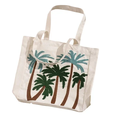 Borsa in Tela Estiva con Ricamo Oceano Borsa a Spalla con Tote Ricamata Borsa da Spiaggia Tropicale - Noce di Cocco