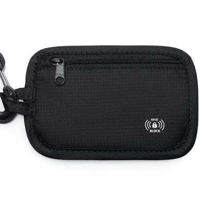 Borsa Portamonete con Protezione RFID, Porta Passaporto da Viaggio, Portafoglio Sicurezza Impermeabile con Gancio Moschettone - Nero