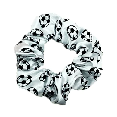 Soccer Ball Print Satin Hair Scrunchie for Women Football Theme Elastic Hair Tie - White