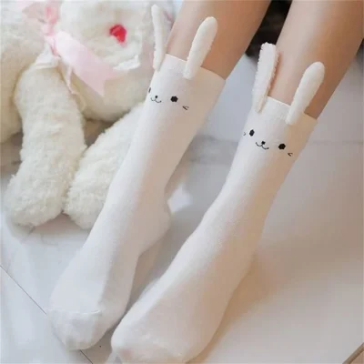 1 Par de Calcetines Lindos con Orejas de Conejo 3D para Mujer, Calcetines Cortos Dulces y Kawaii, Estilo Universitario con Orejas de Peluche - Blanco