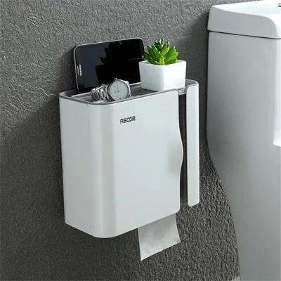 Punch Free Wall Mounted Toilet Paper Holder Bathroom Tissue Dispenser Storage Organizer Box - White