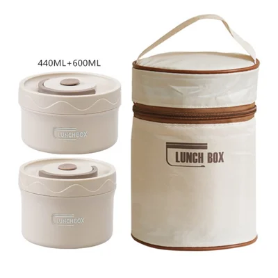 Conjunto de Lancheira em Aço Inoxidável 304 com Mala Térmica, Caixa de Bento Segura para Micro-ondas, 1 Grande + 1 Pequena (Sem BPA, Sem FDA) - Bege