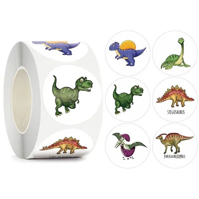500 Unidades/Rolo de Autocolantes de Dinossauros em Desenho Animado para Crianças, Autocolantes de Incentivo e Recompensa para Jardim de Infância - X-061