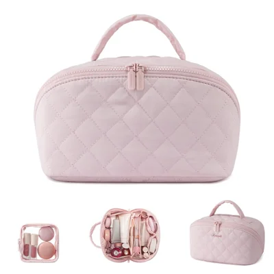 Tragbare Kosmetiktasche mit großer Kapazität, Reise-Kosmetikorganizer mit kleiner Tasche – Rosa