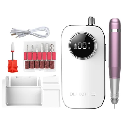 BLUEQUE BQ-117 Nagelborrmaskin 45000 RPM Uppladdningsbar Elektrisk Nagelfil med LCD-display Nagelborrkit – Vit