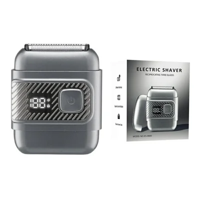 Mini Reciprocating Electric Razor Mens Shaver 3-Blade IPX6 Waterproof LED Display Travel Lock - Grey