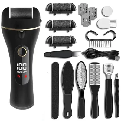 2-Speed Adjustable Electric Callus Remover IPX6 Waterproof LCD Display Foot Grinder Tool Kit Set - Black