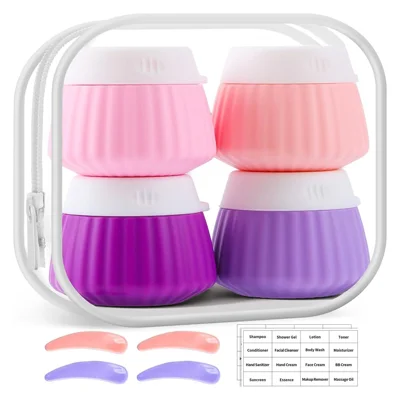 4Pcs 40ml Travel Cream Jars Set Silicone Refillable Containers with Spoons Travel Small Makeup Jar for Skincare - Pink