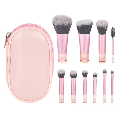 Conjunto de 10 Peças de Pincéis de Maquilhagem Rosa, Kit Mini de Pincéis Cosméticos de Viagem com Bolsa Portátil para Base e Sombra - Rosa / Preto