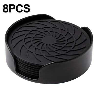 8Pcs 10cm FDA Certified Round Silicone Coasters Waterproof Non-slip Heat Resistant Cup Mats with Storage Holder - Black