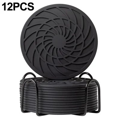 12Pcs 10cm FDA Certified Silicone Coasters Round with Metal Holder Non-slip Waterproof Heat Resistant for Coffee Tea Cup - Black
